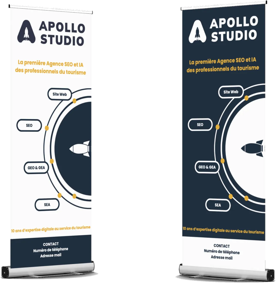 Deux roll-up créés pour Apollo Studio, agence SEO et IA du tourisme