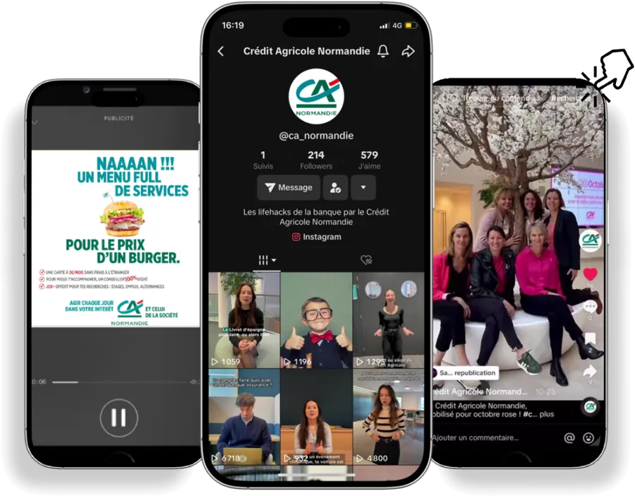 Compte TikTok et publicité Spotify du Crédit Agricole Normandie