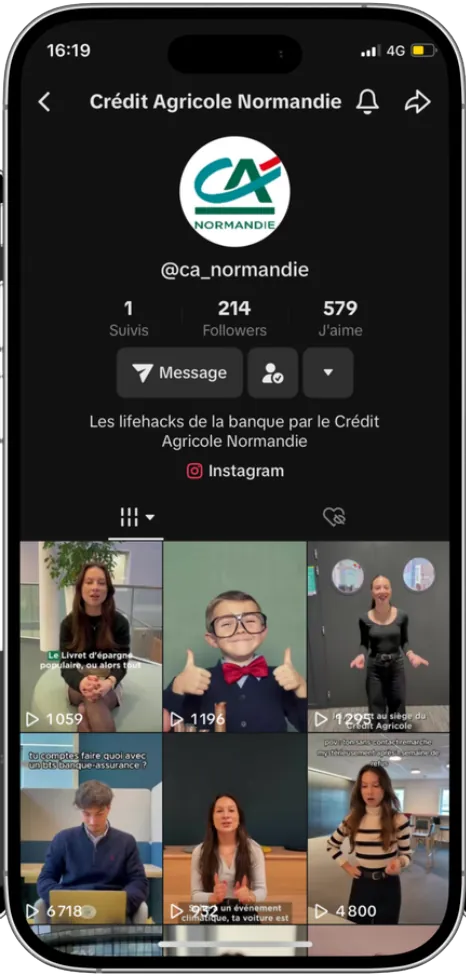 Profil TikTok du Crédit Agricole Normandie et ses vidéos